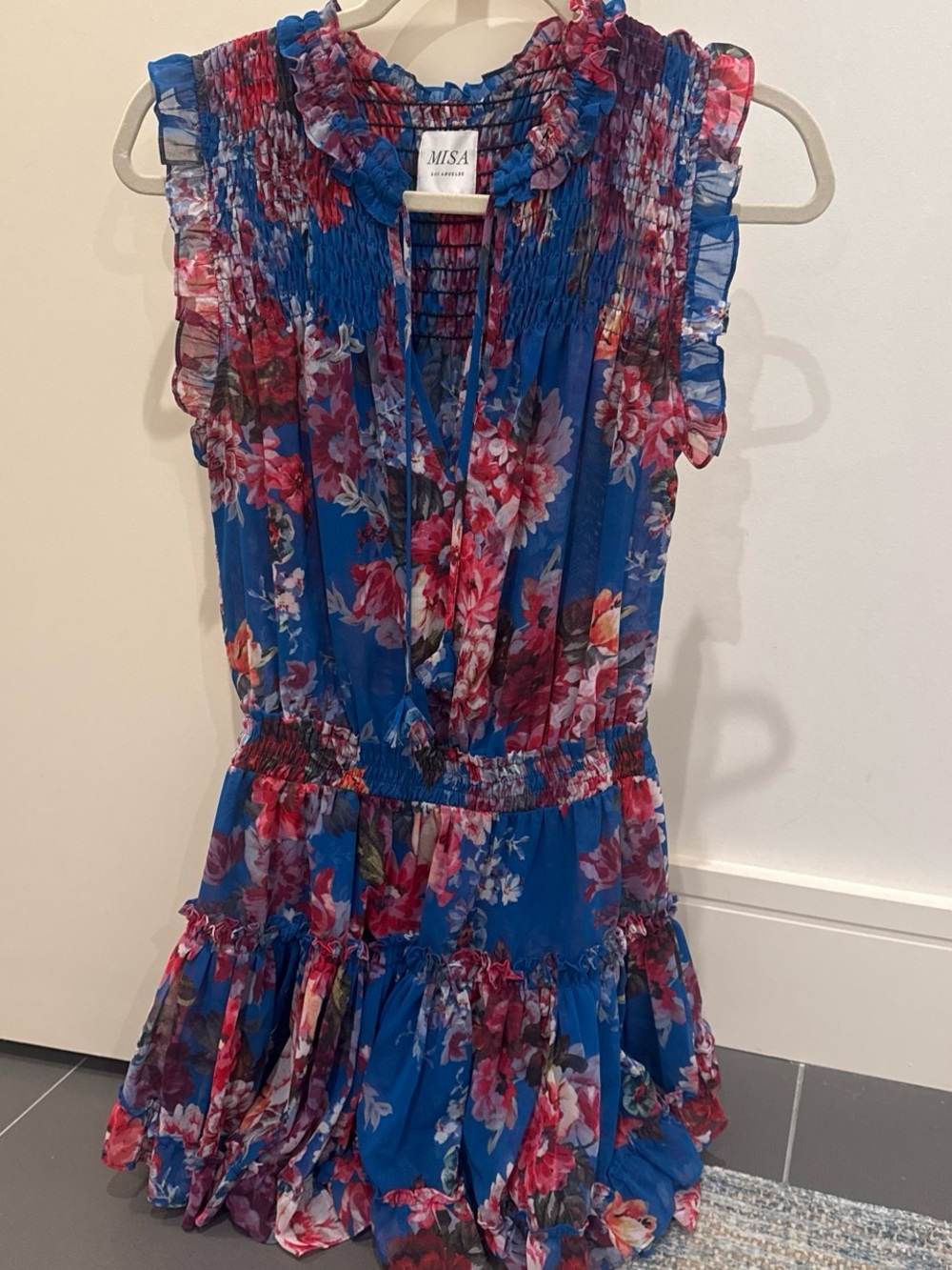 Misa Los Angeles Royal Blue Floral Ruffle Tie-Neck Mini Dress